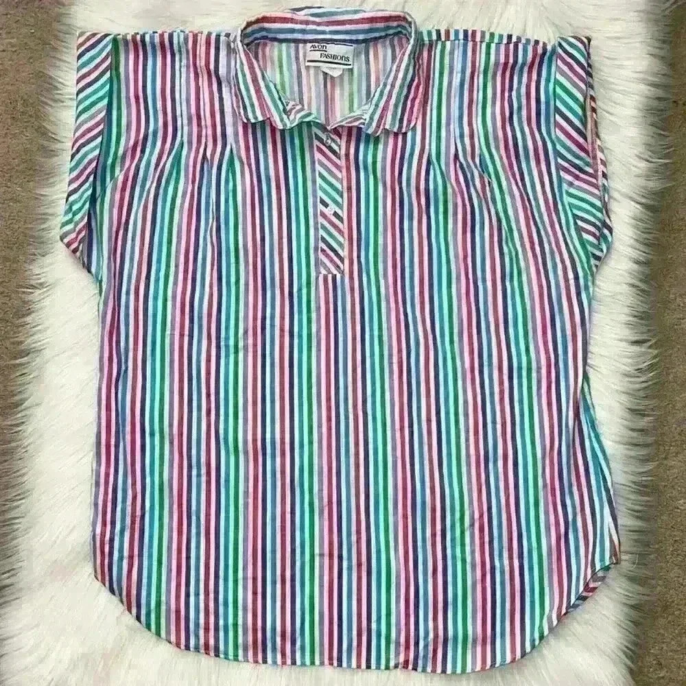 Vintage Avon Fashions Pullover Short Sleeve Button Down Pastel Rainbow Stripe L